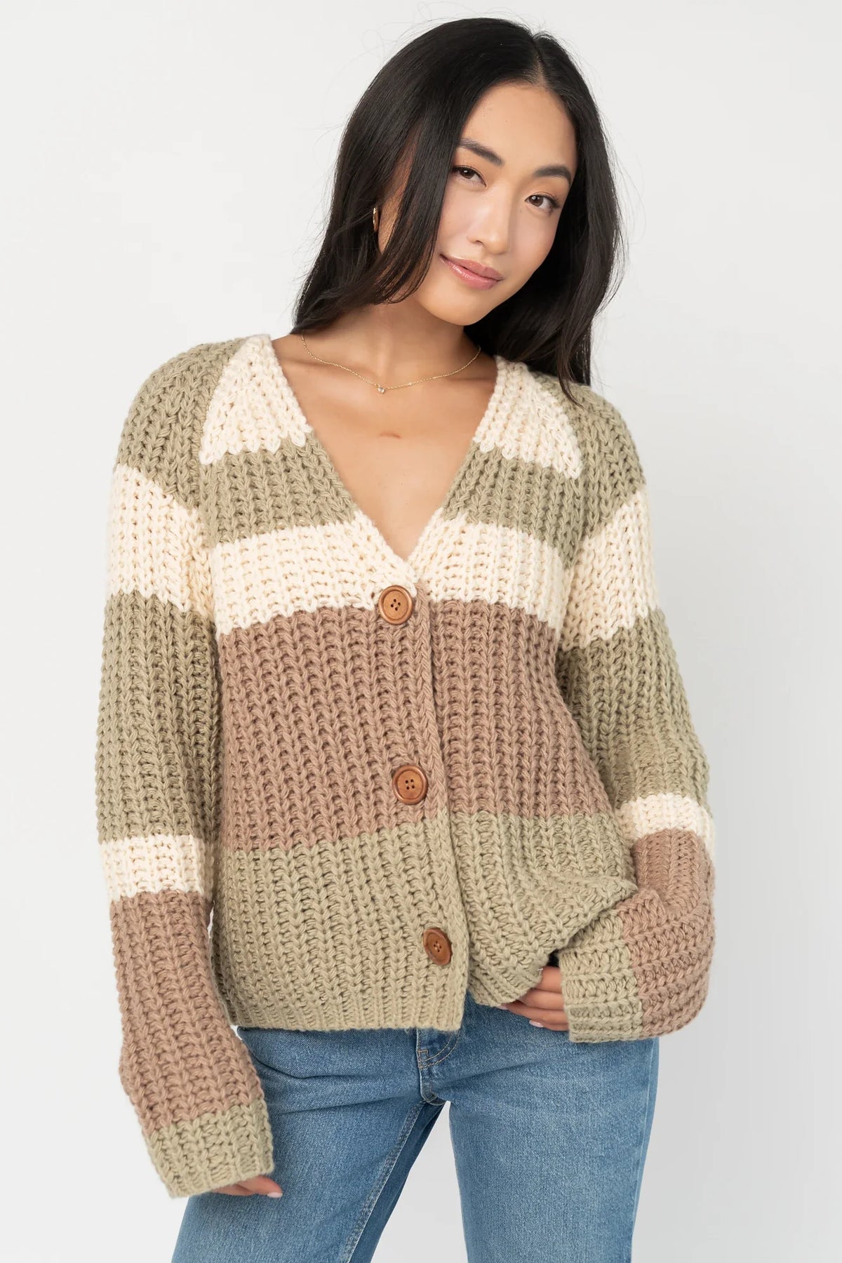 Ophelia Chunky Striped Cardigan | Sage Multi Main image