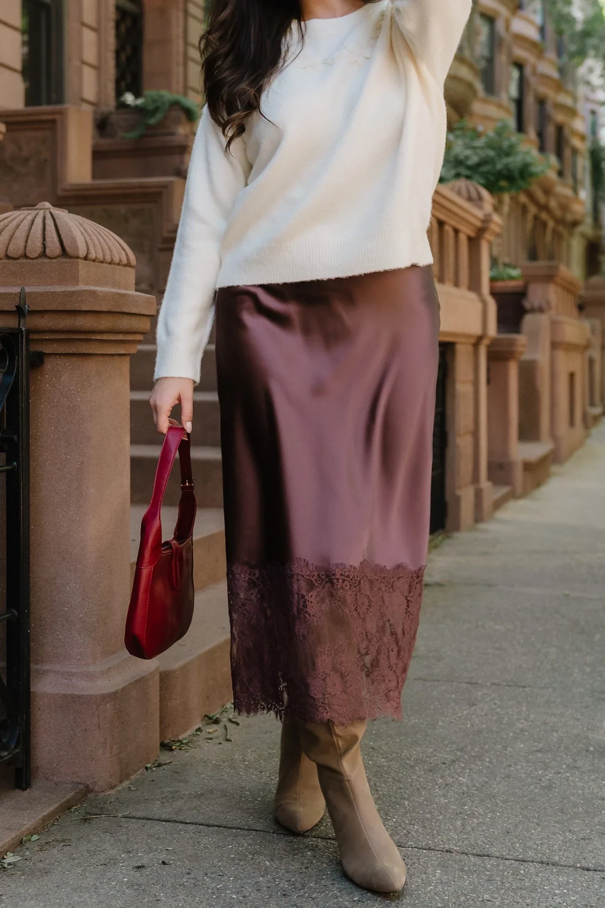 Kamara Satin Lace Skirt | Chocolate Main image