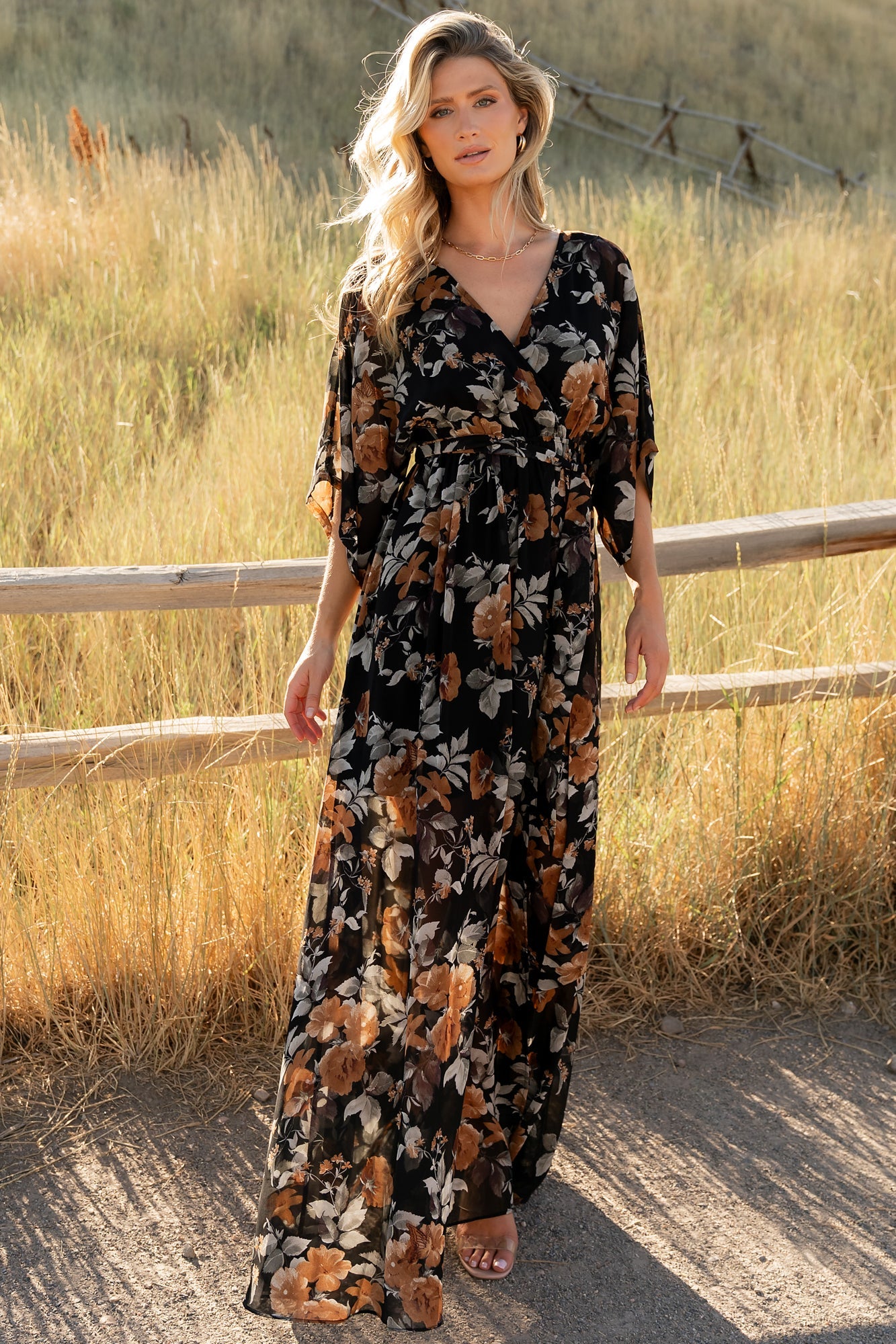 Kia Kimono Maxi Dress | Black + Copper Floral Secondary image