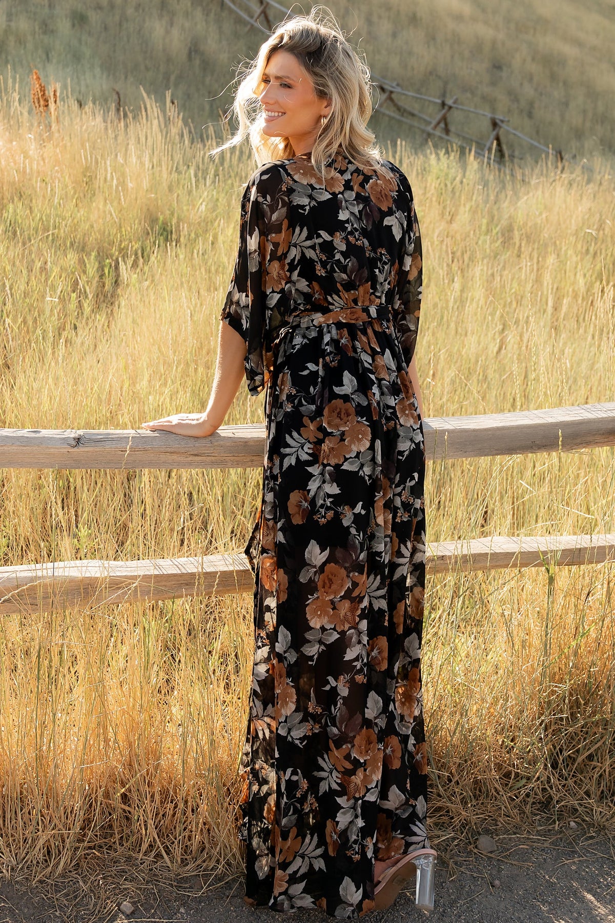 Kia Kimono Maxi Dress | Black + Copper Floral
