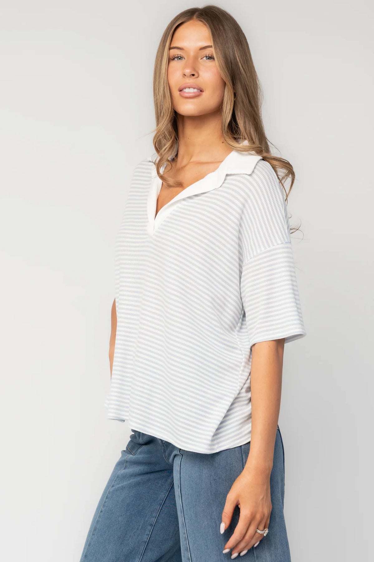Billie Open Collar Top | Light Blue + White