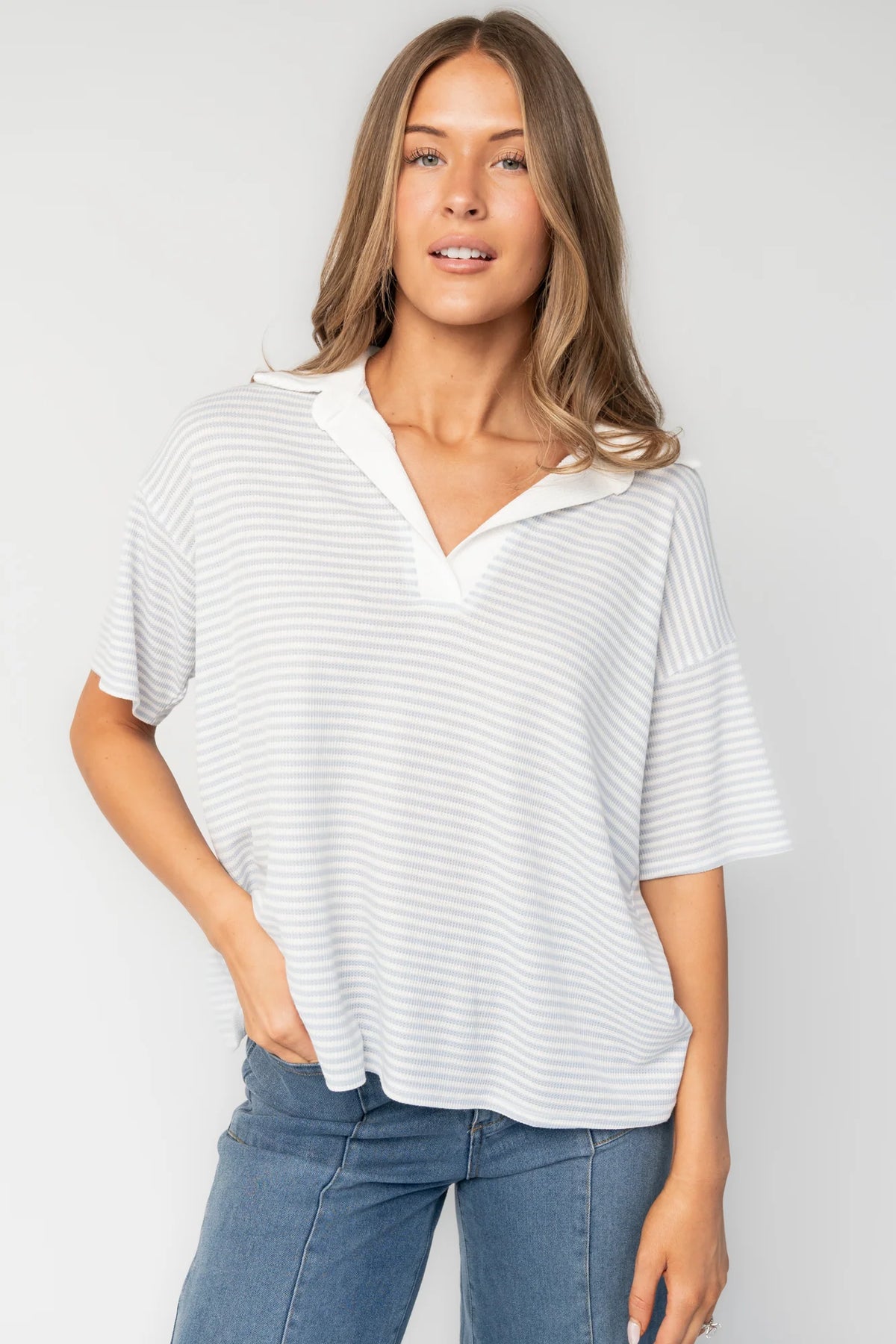 Billie Open Collar Top | Light Blue + White Main image