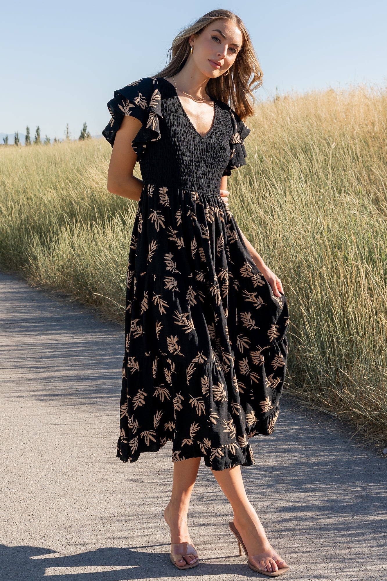Estelle Smocked Midi Dress | Black + Tan Print Secondary image