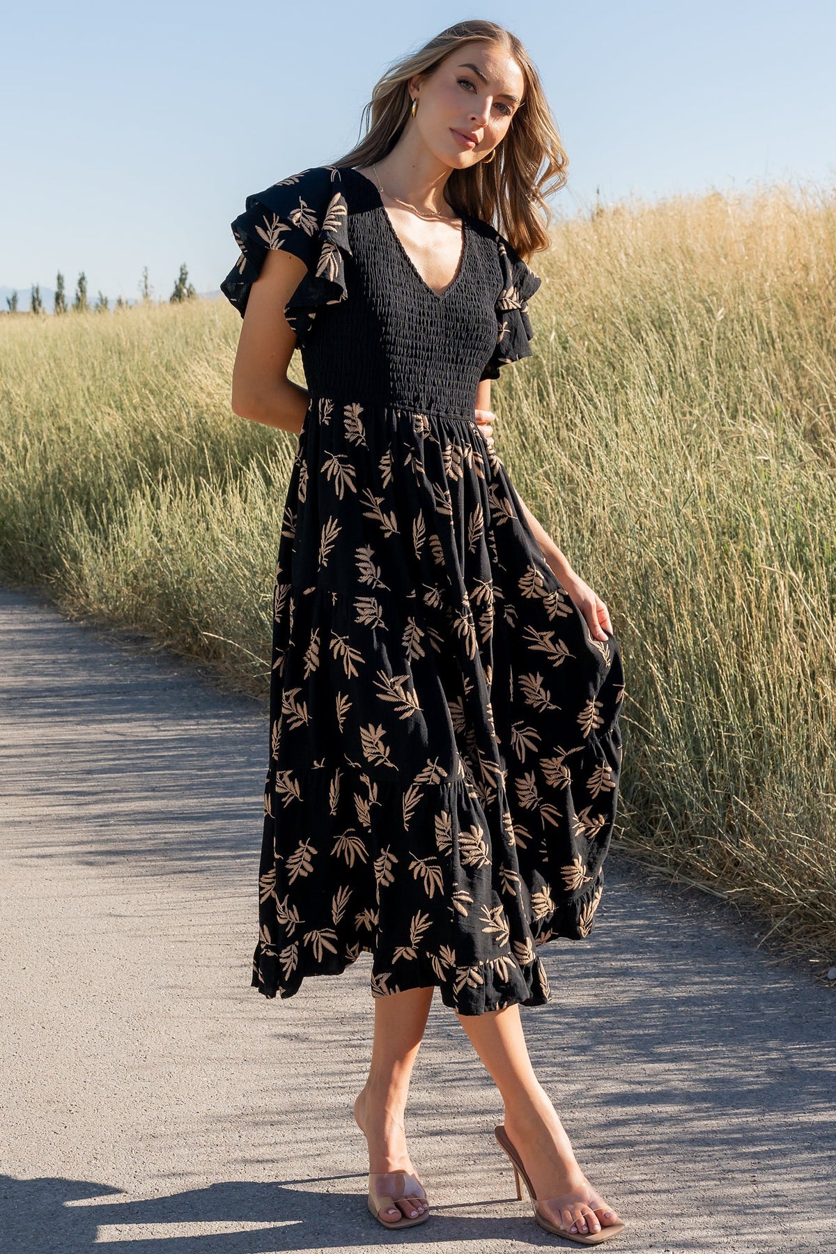 Estelle Smocked Midi Dress | Black + Tan Print