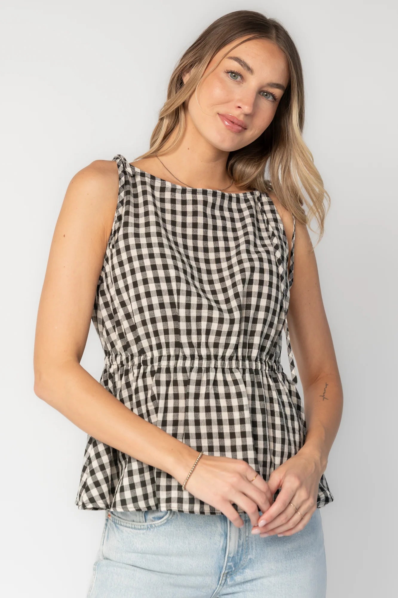 Lane Gingham Peplum Top | Black + Off White Secondary image