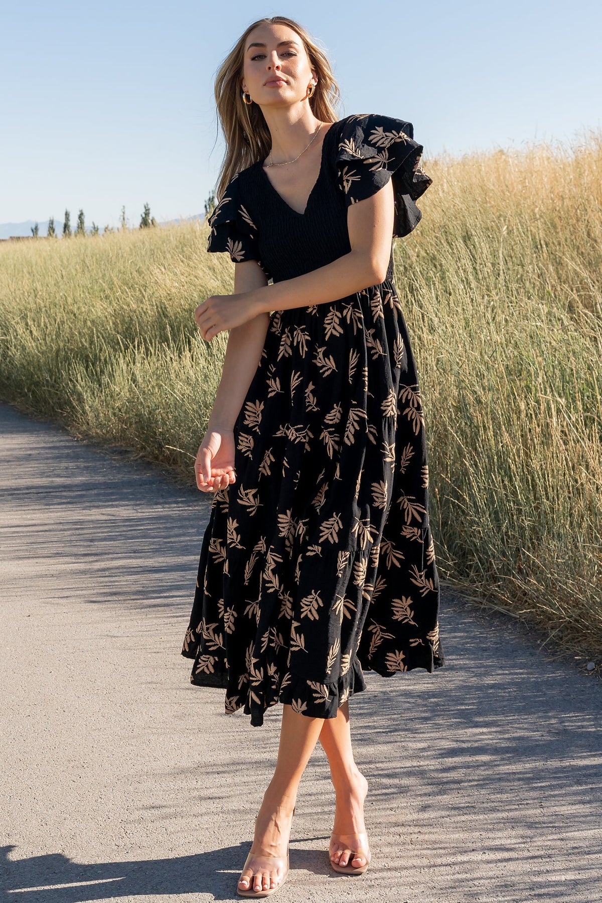 Estelle Smocked Midi Dress | Black + Tan Print