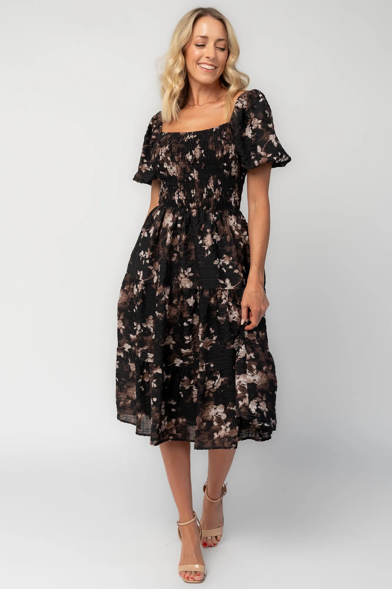 Mattea Smocked Midi Dress | Black Floral Secondary image