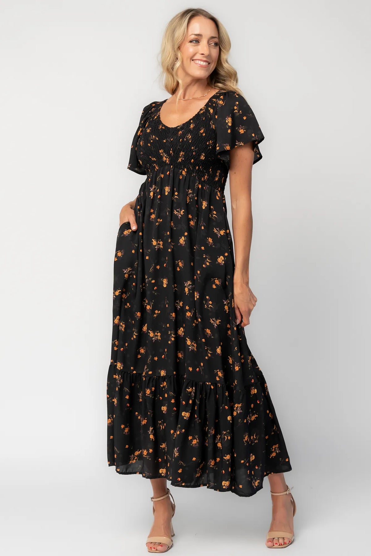 Joanie Smocked Dress | Black Golden Floral Main image