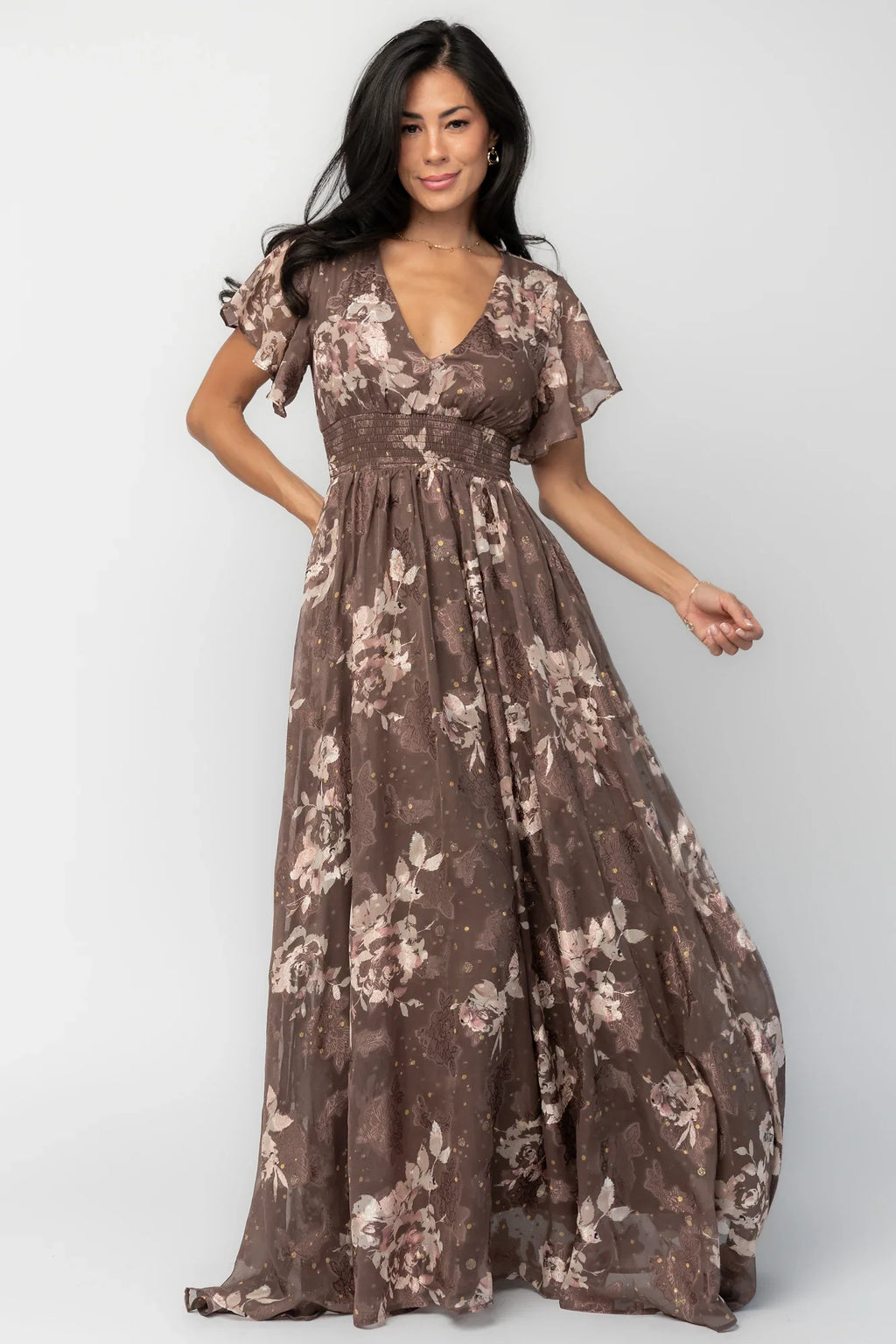 Lynlee Metallic Maxi Dress | Mocha Floral