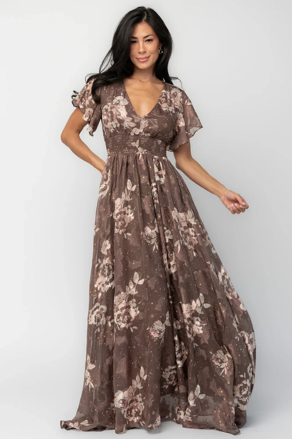 Lynlee Metallic Maxi Dress | Mocha Floral