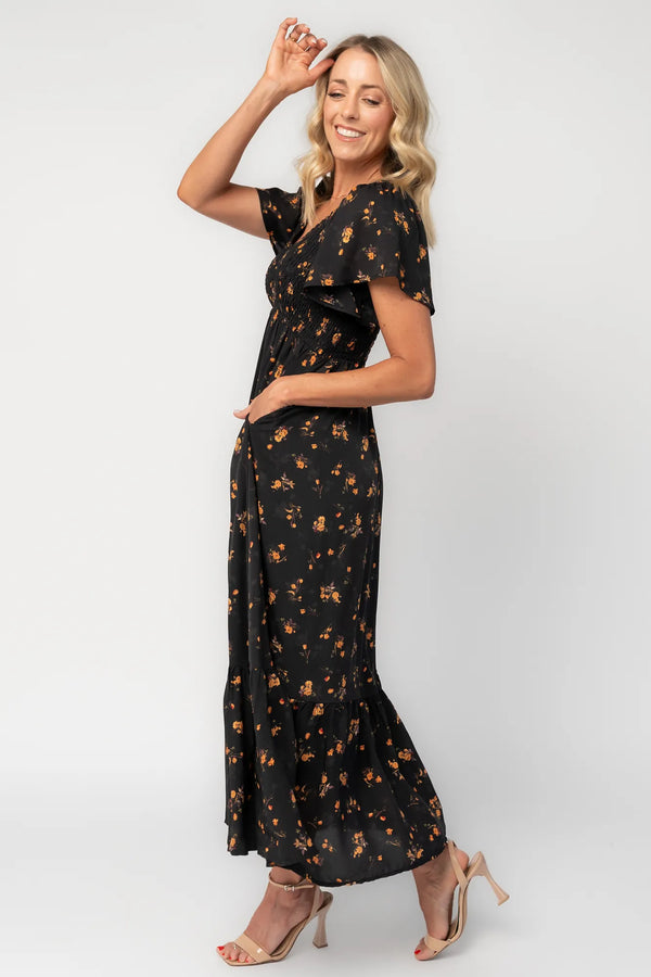 Joanie Smocked Dress | Black Golden Floral