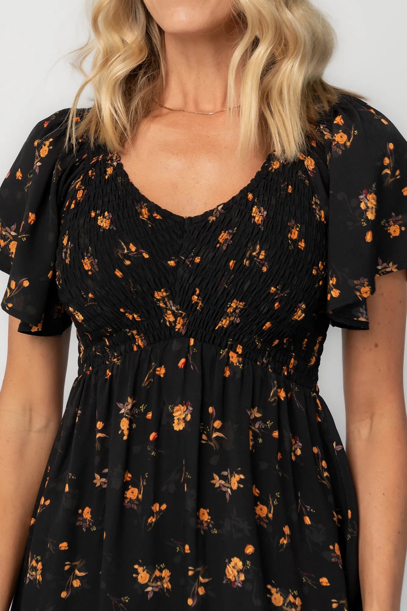 Joanie Smocked Dress | Black Golden Floral Secondary image
