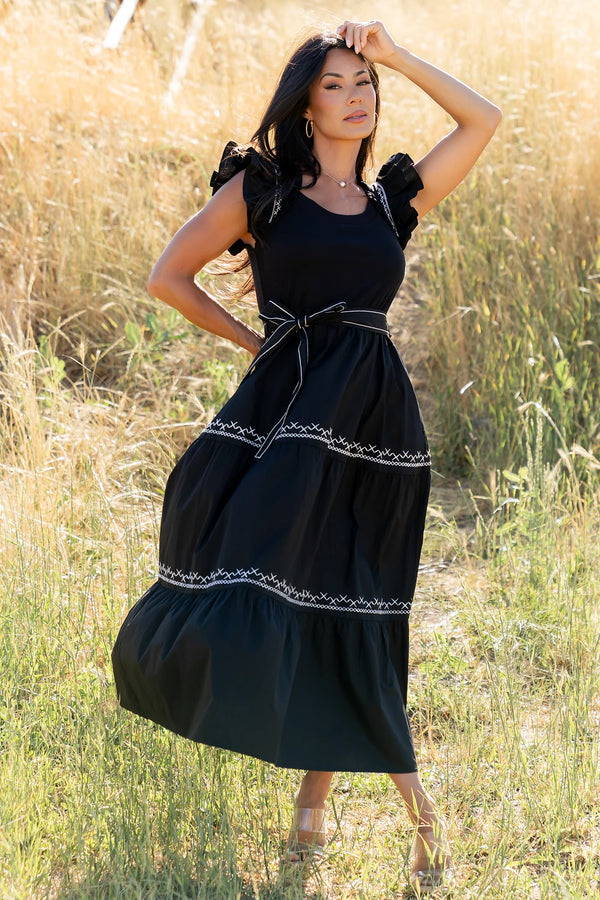 Elisa Embroidered Midi Dress | Black