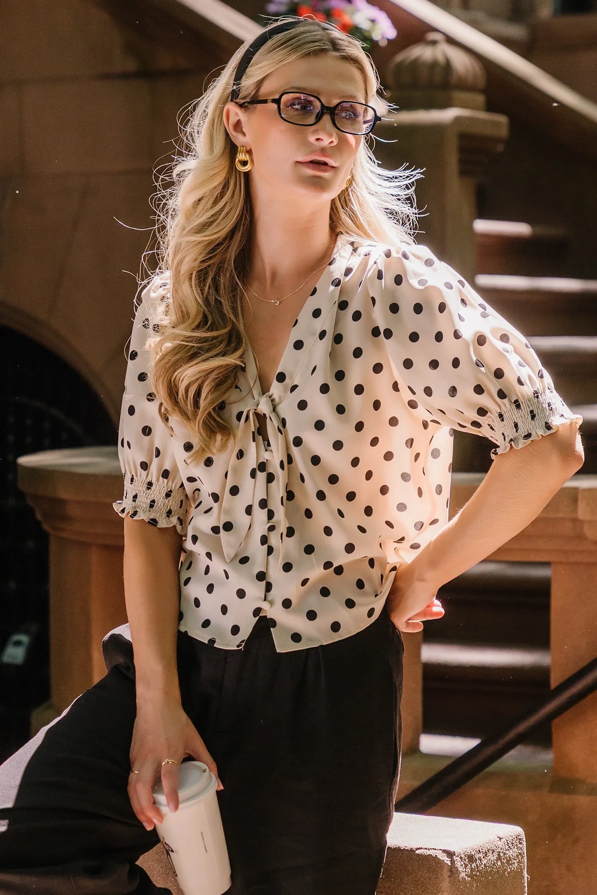 Eliza Tie Top | Natural + Black Dot