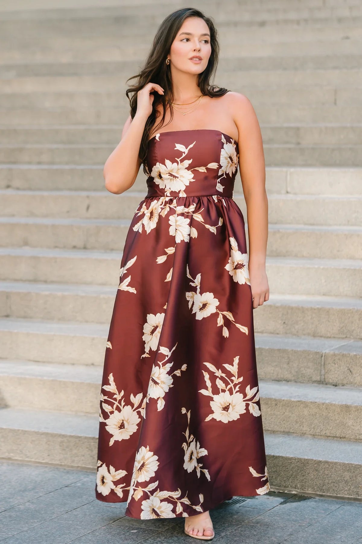 Rosette Strapless Maxi Gown | Mahogany Floral Main image