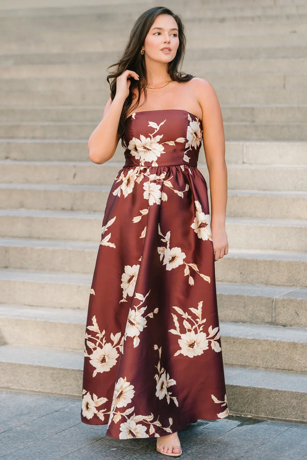 Rosette Strapless Maxi Gown | Mahogany Floral