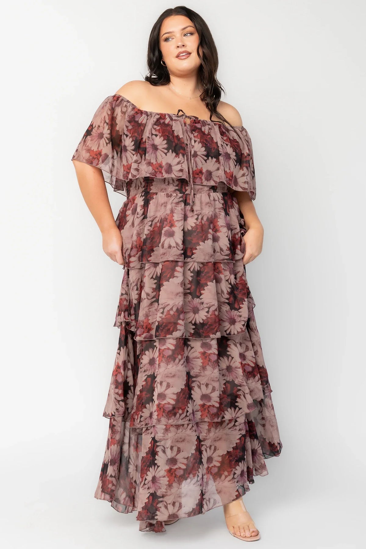 Carina Off Shoulder Maxi Dress | Vintage Berry Floral