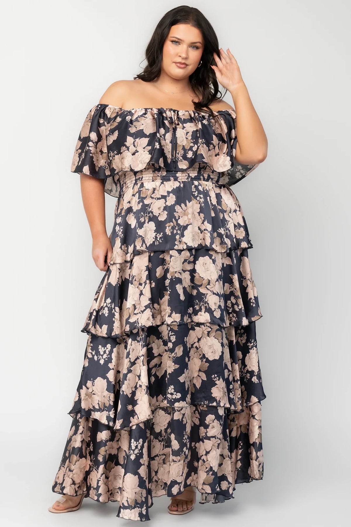 Isabelle Off Shoulder Maxi Dress | Navy + Taupe Floral