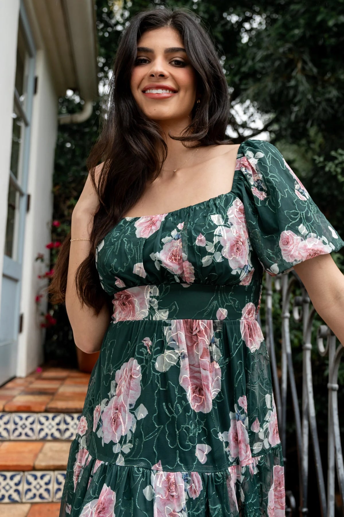 Annabeth Midi Dress | Dark Green + Pink