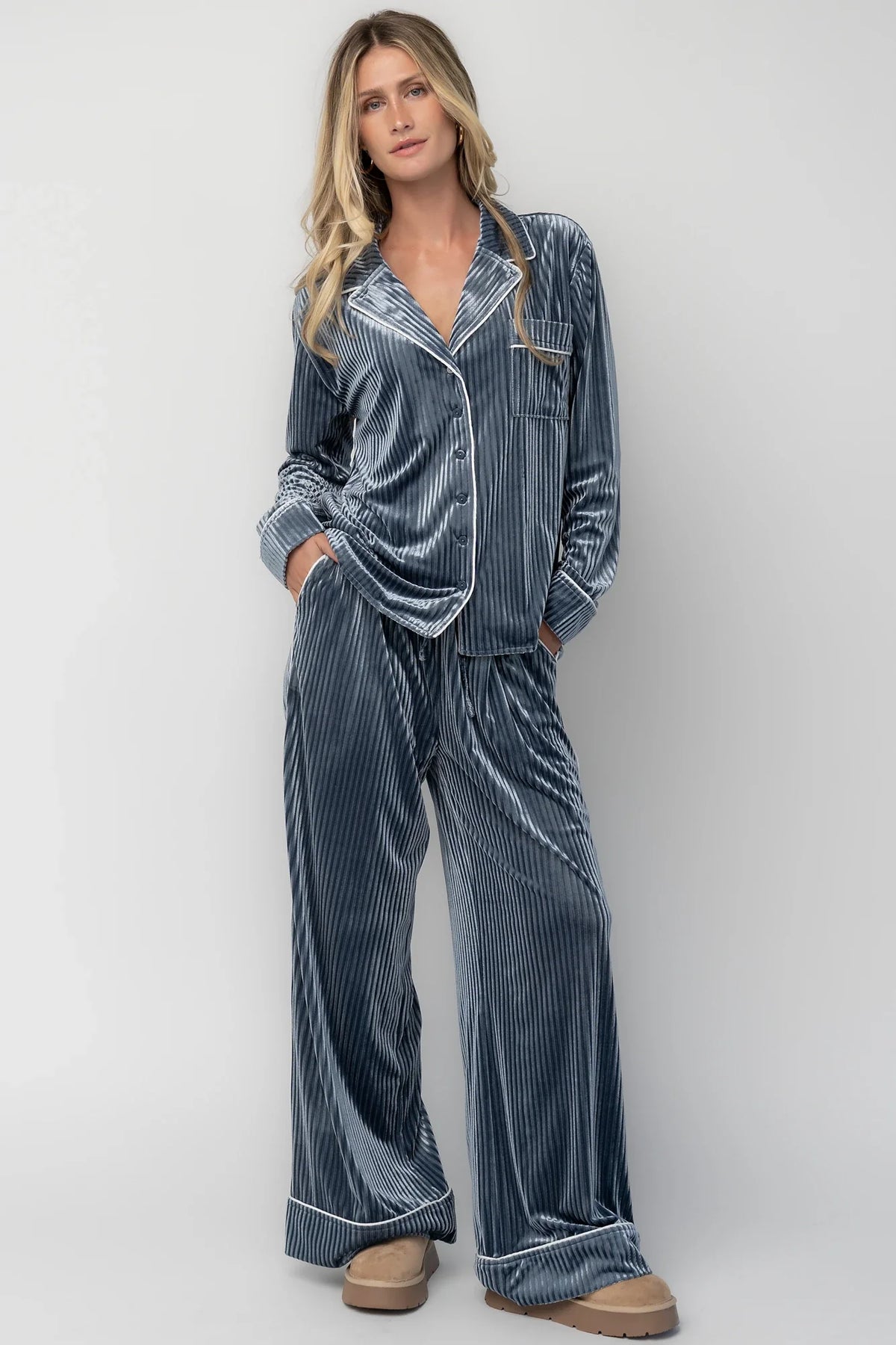 Klara Ribbed Velvet Pajama Set | Dusty Blue Main image