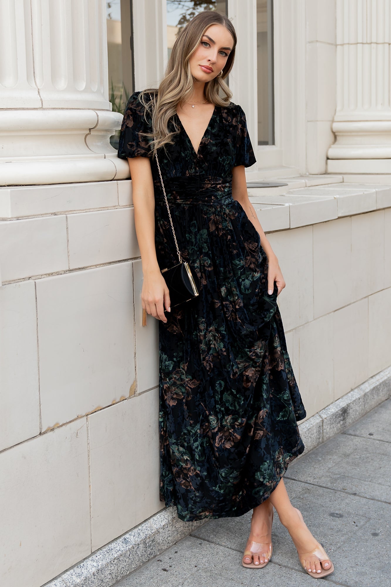 Leslie Velvet Maxi Dress | Black + Deep Jade Floral Secondary image