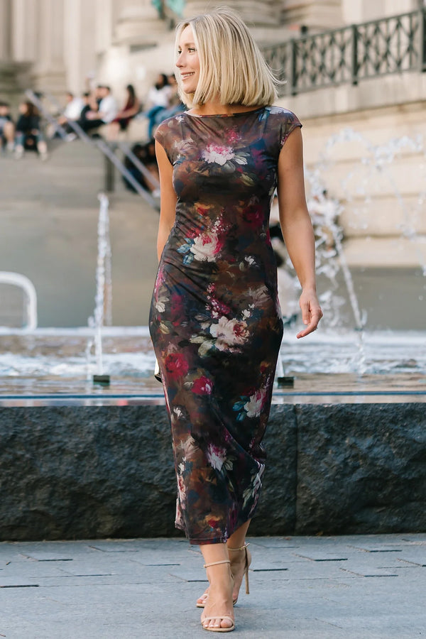 Daniela Mesh Midi Dress | Dark Vintage Floral