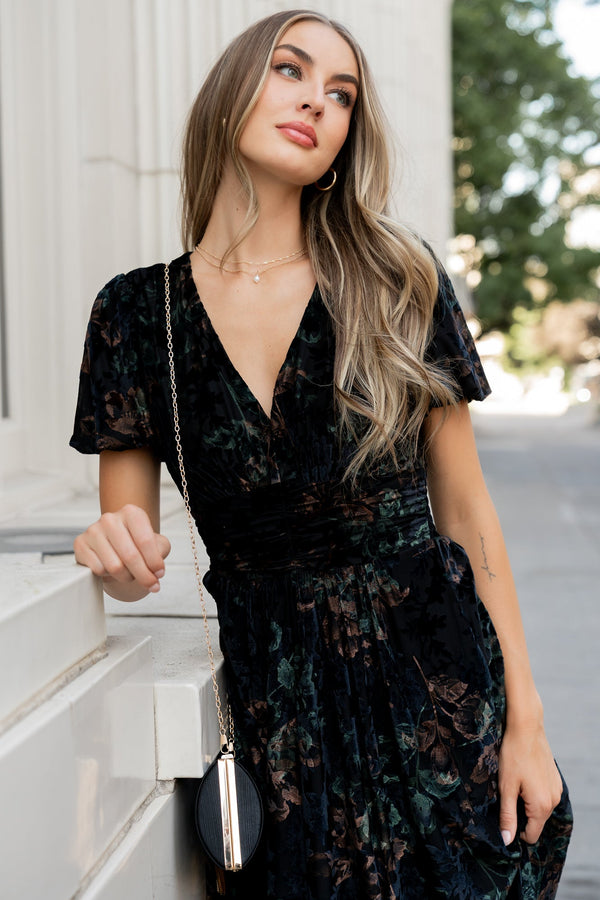 Leslie Velvet Maxi Dress | Black + Deep Jade Floral