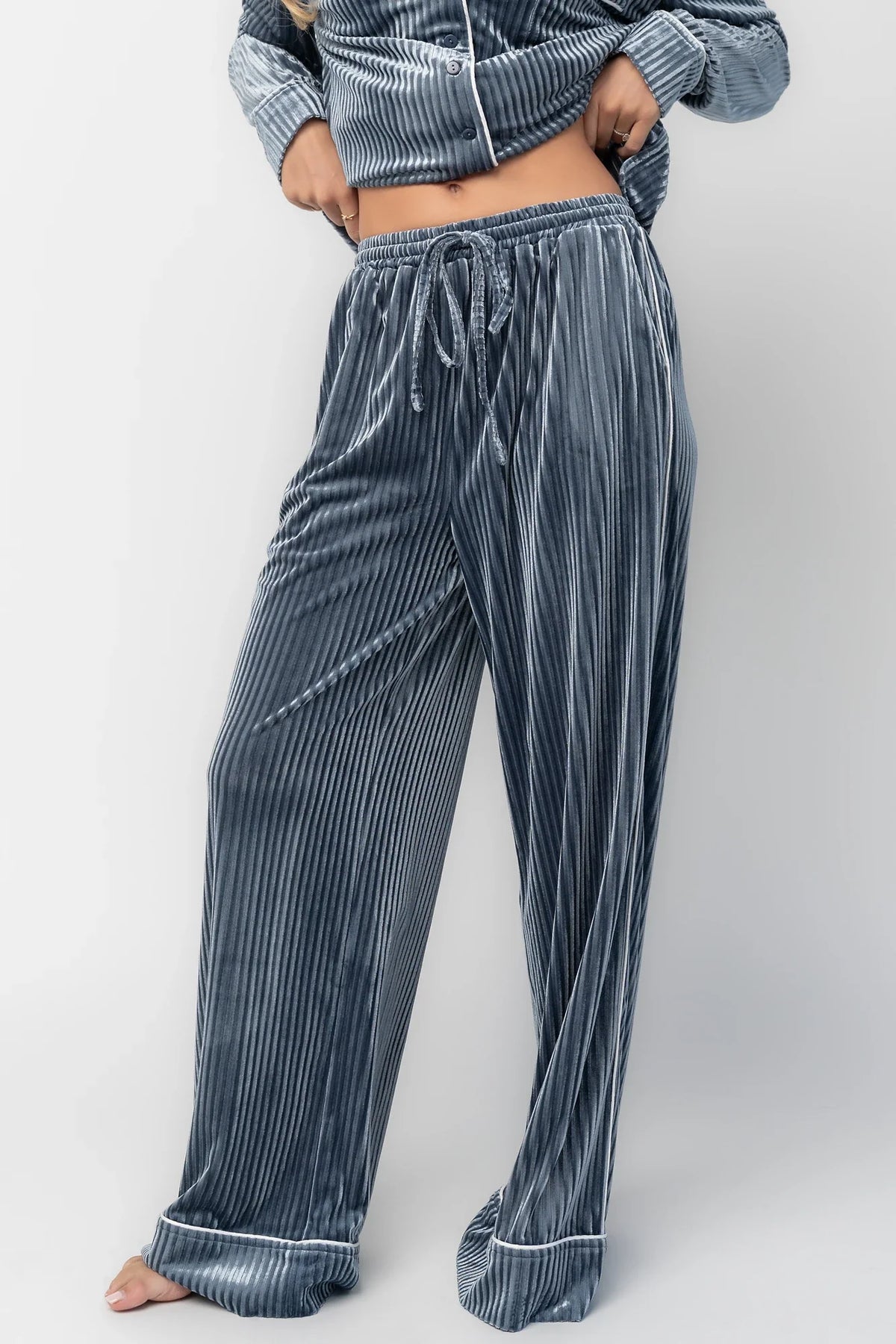 Klara Ribbed Velvet Pajama Set | Dusty Blue
