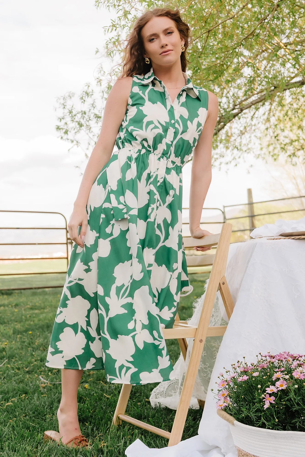 Tatum Button Down Dress | Green + Off White Main image