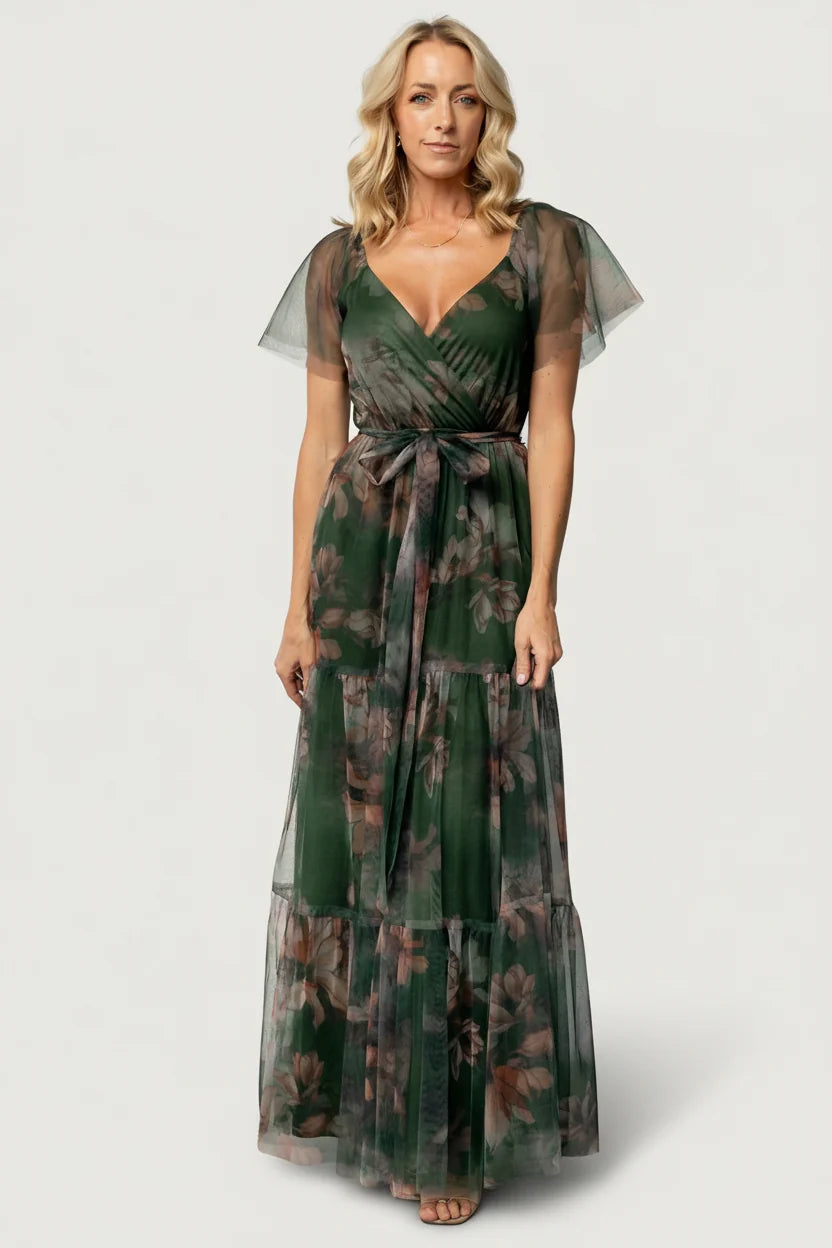 Nicola Tulle Maxi Dress | Deep Green Floral Main image