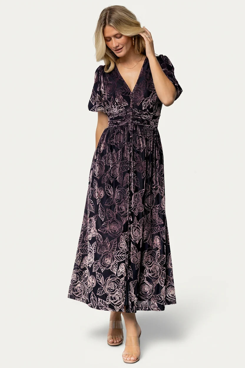 Dahlia Velvet Dress | Indigo + Purple Floral