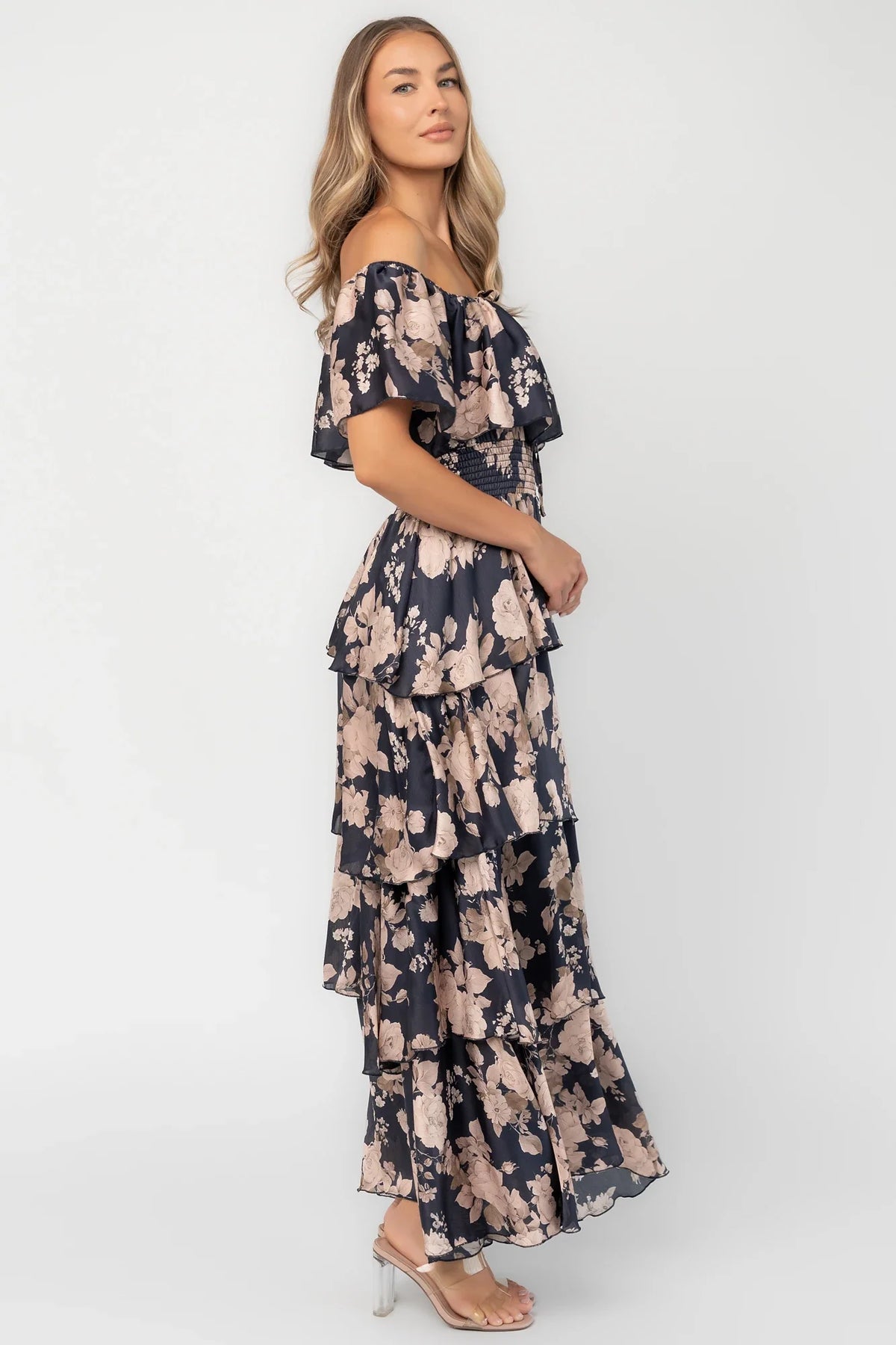 Isabelle Off Shoulder Maxi Dress | Navy + Taupe Floral