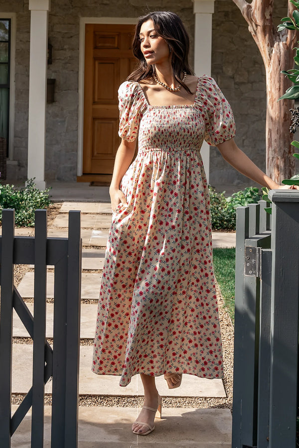 Haddie Smocked Midi Dress | Cream + Rose Floral