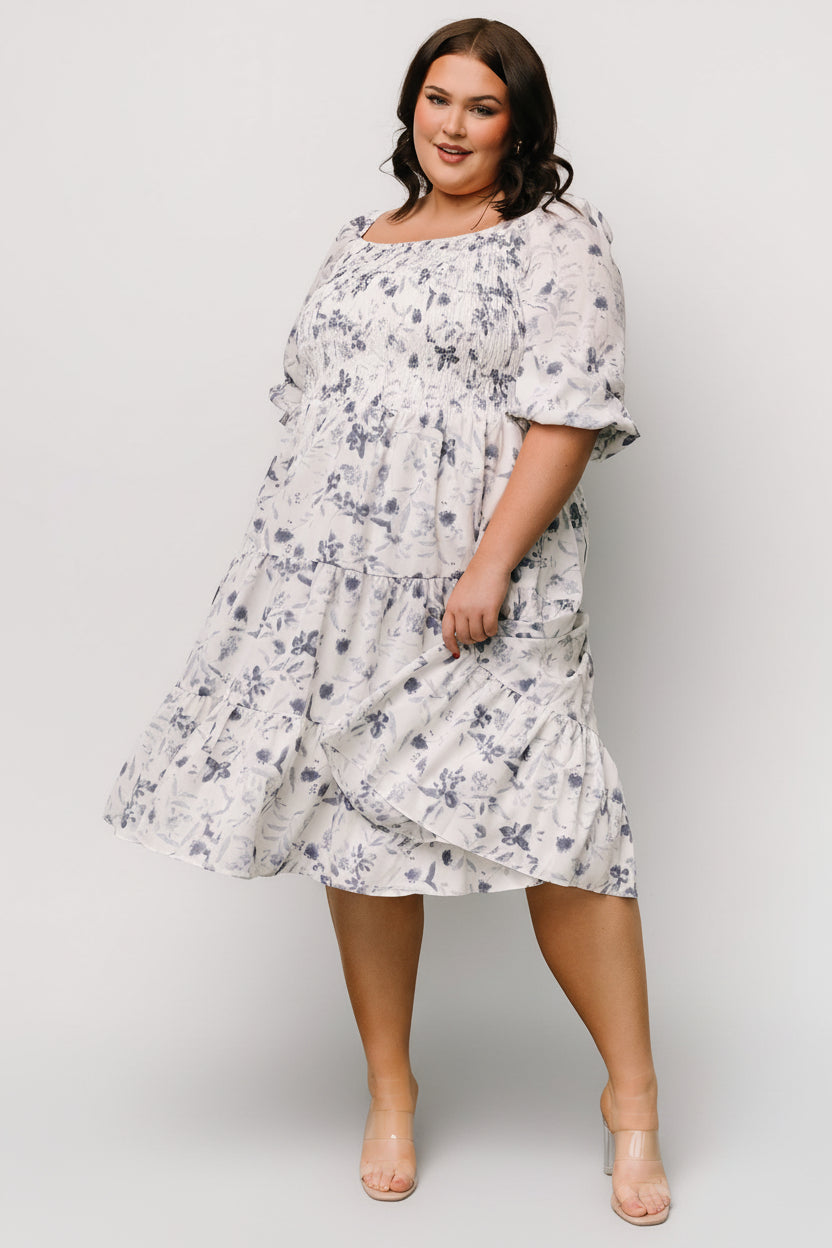 Marta Smocked Midi Dress | White + Blue Secondary image