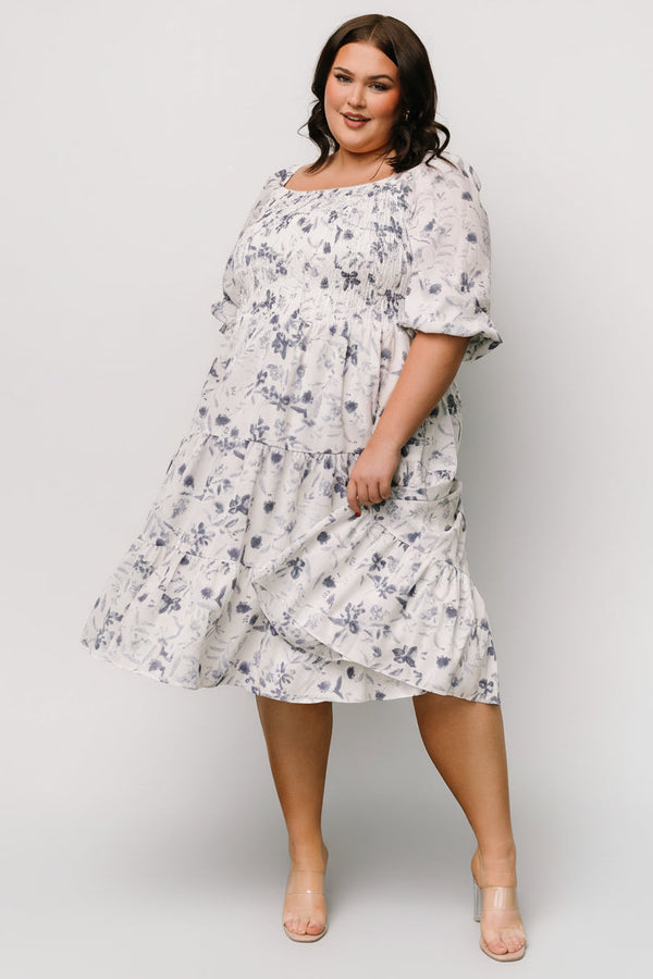 Marta Smocked Midi Dress | White + Blue