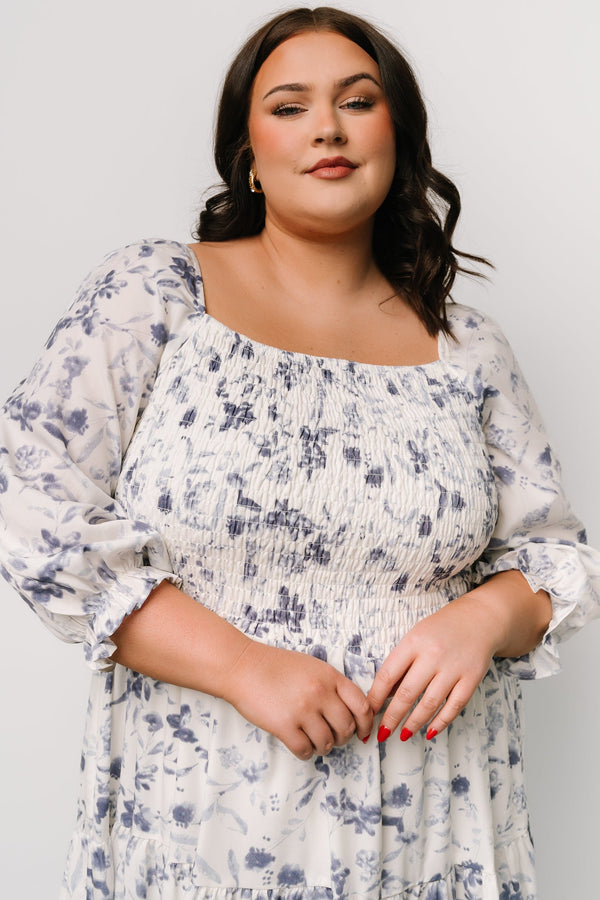 Marta Smocked Midi Dress | White + Blue