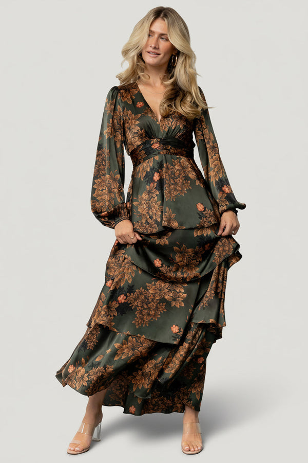Montrouge Tiered Satin Dress | Olive Floral