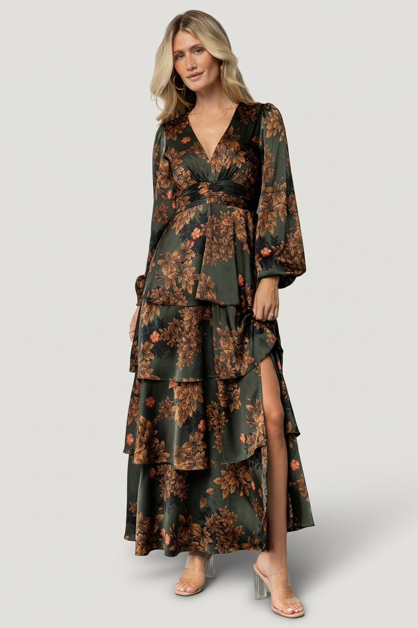 Montrouge Tiered Satin Dress | Olive Floral Main image