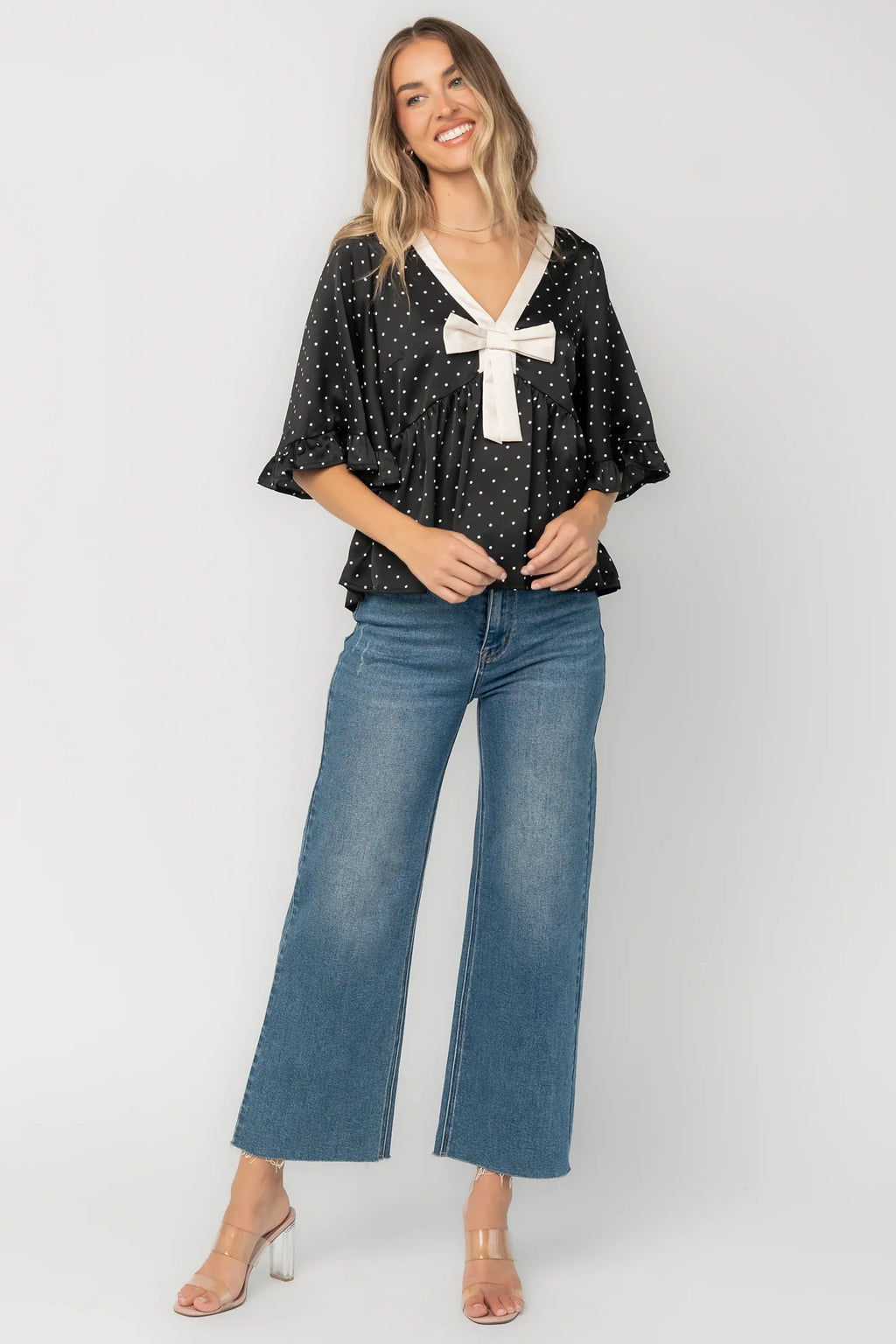 Carrie Bow Front Top | Black + Ivory Dot