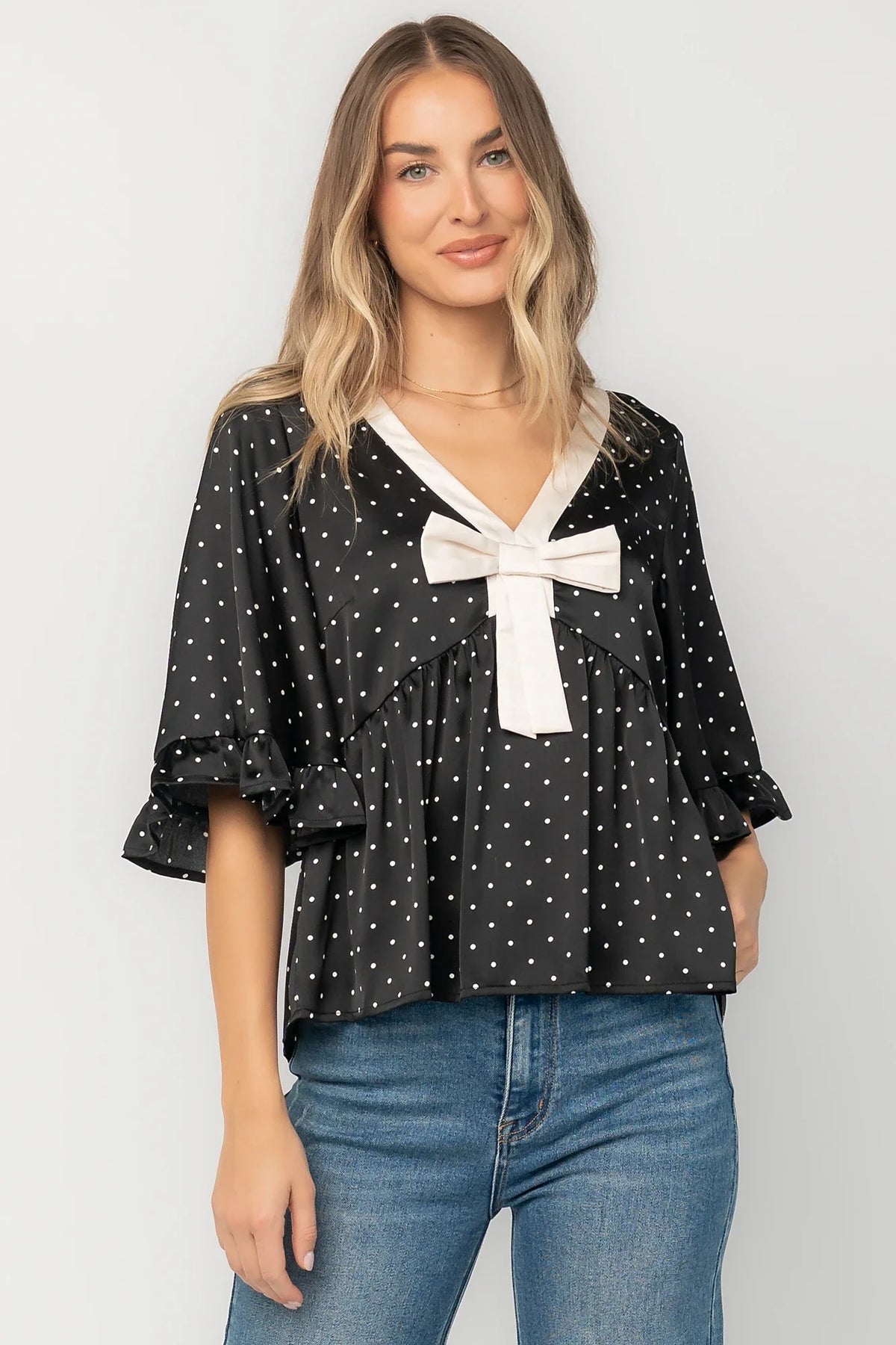 Carrie Bow Front Top | Black + Ivory Dot Main image