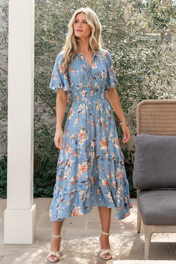 Spell Boho Midi Dress | Blue + Peach Floral