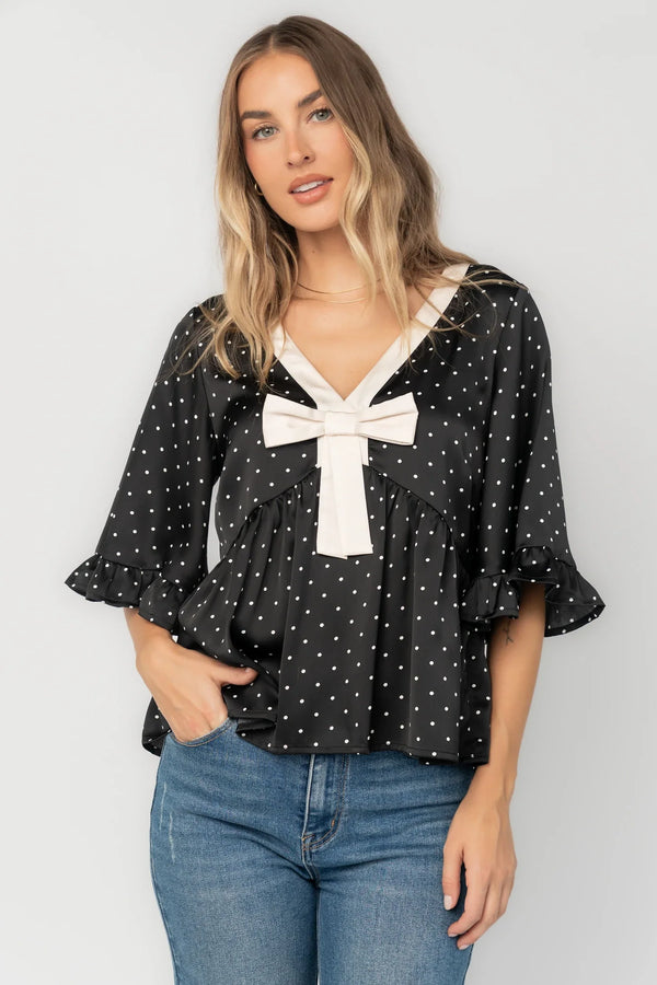 Carrie Bow Front Top | Black + Ivory Dot