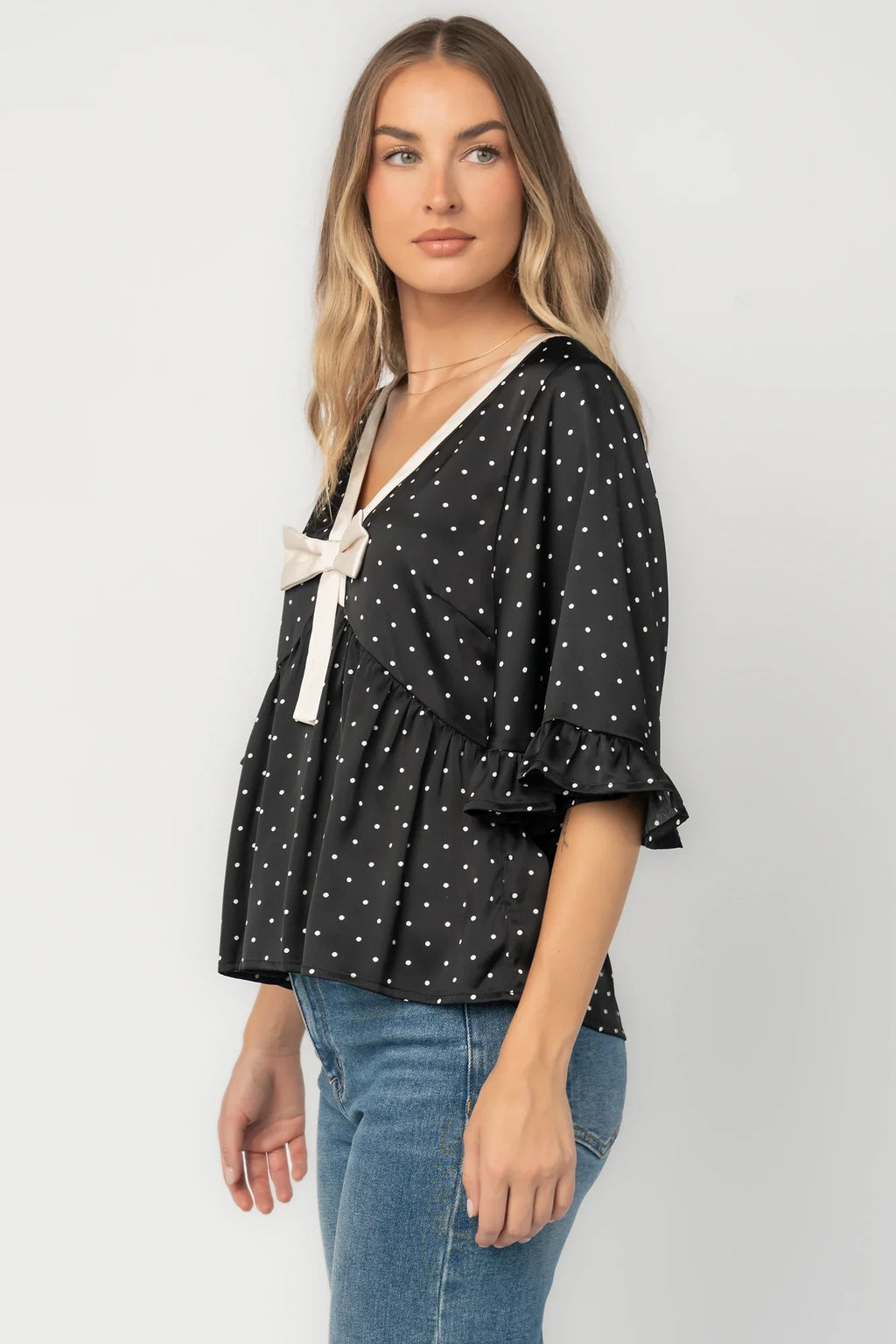 Carrie Bow Front Top | Black + Ivory Dot