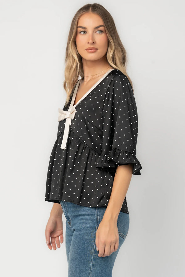 Carrie Bow Front Top | Black + Ivory Dot