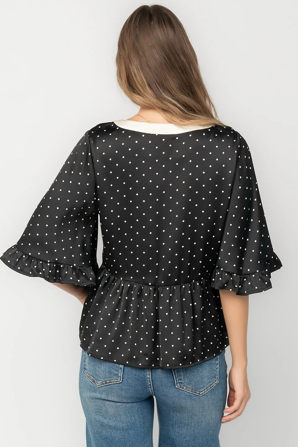 Carrie Bow Front Top | Black + Ivory Dot