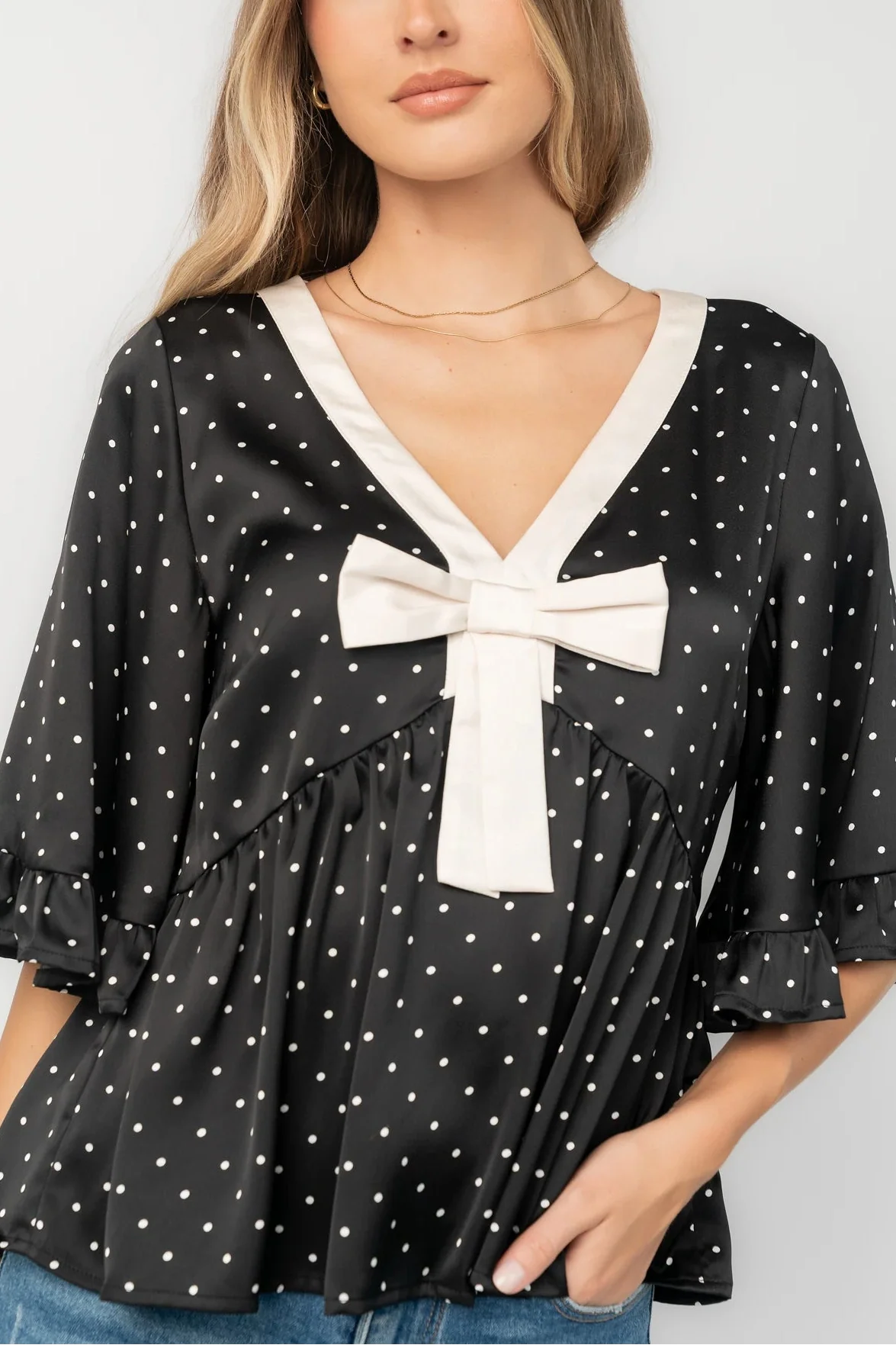 Carrie Bow Front Top | Black + Ivory Dot Secondary image