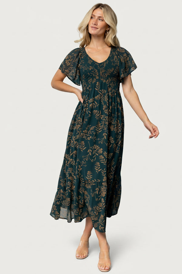 Monica Smocked Dress | Deep Topaz + Gold