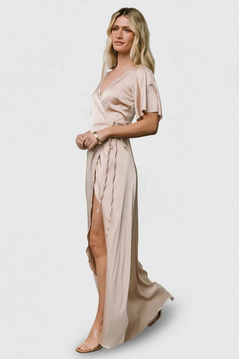 Vara Satin Maxi Wrap Dress | Champagne