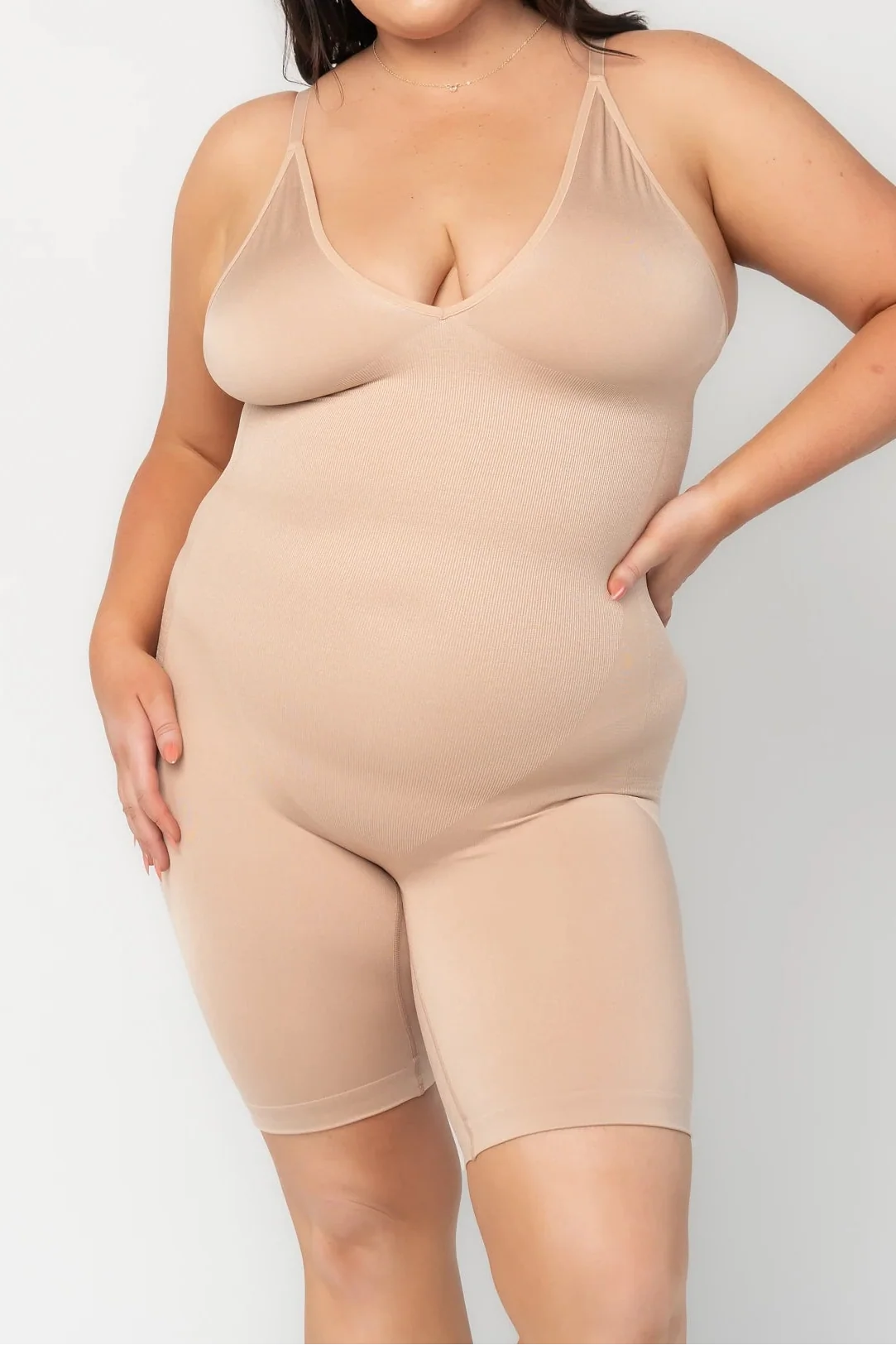 Essential Deep V Mid Thigh Bodysuit | Nude Secondary image