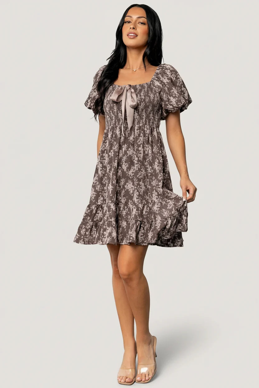 Anastasia Bow Short Dress | Dusty Clove Print Secondary image